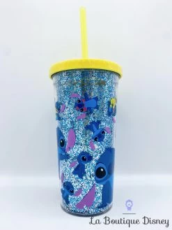 Gobelet Paille Stitch Disney Store Verre Plastique Paillettes Bleu Jaune -Disney gobelet paille stitch disney store verre plastique bleu jaune lilo et stitch paillettes 1